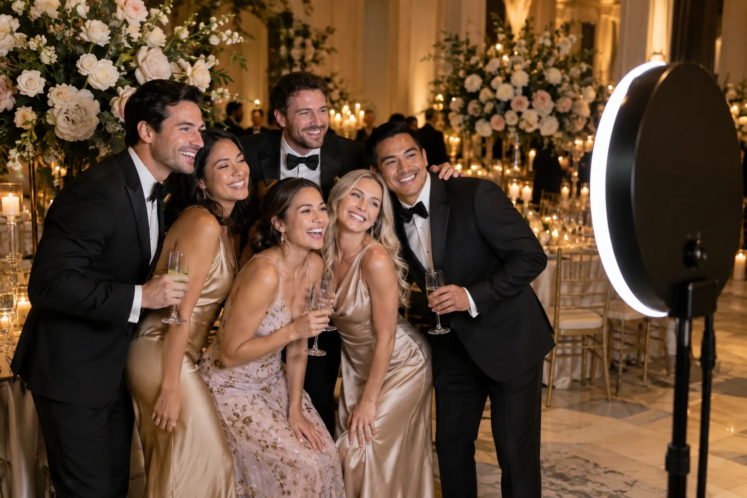 Grupo de adultos posando en una estación fotográfica durante un matrimonio